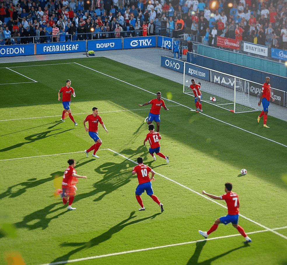 足球场上激战正酣，全队士气高昂